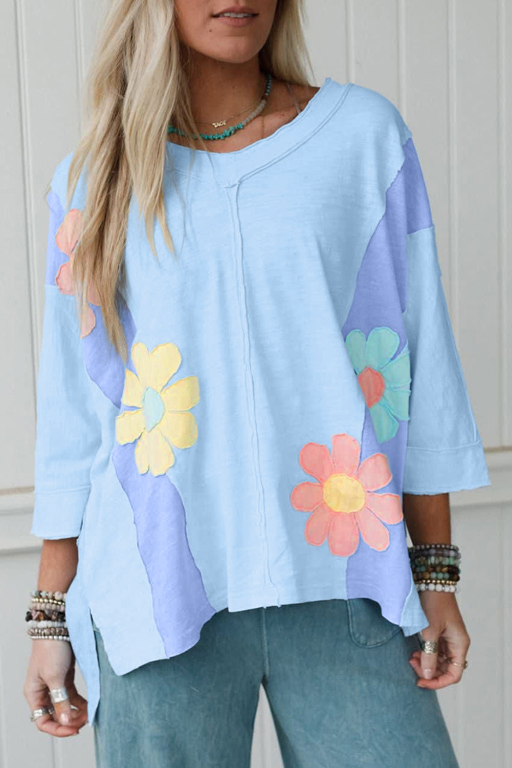 Green Flower Patched Exposed Seam 3/4 Sleeve Top
