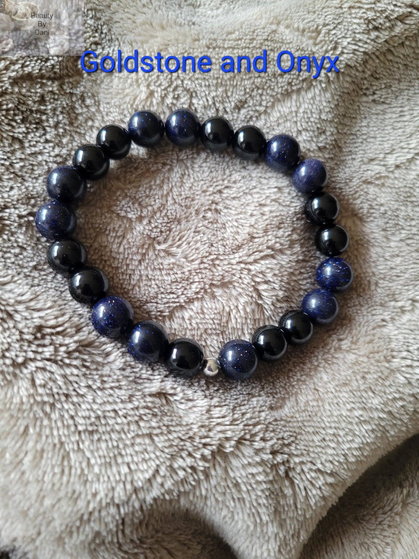 Goldstone and Onyx 10mm Beads Bracelet 8in Wrist Size