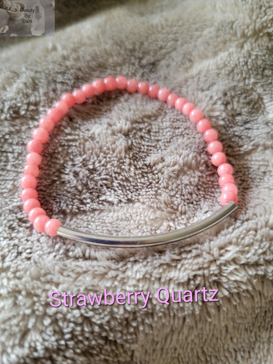 Strawberry Quartz Pink 6mm Beaded Bracelet with Stainless Steel Spacer