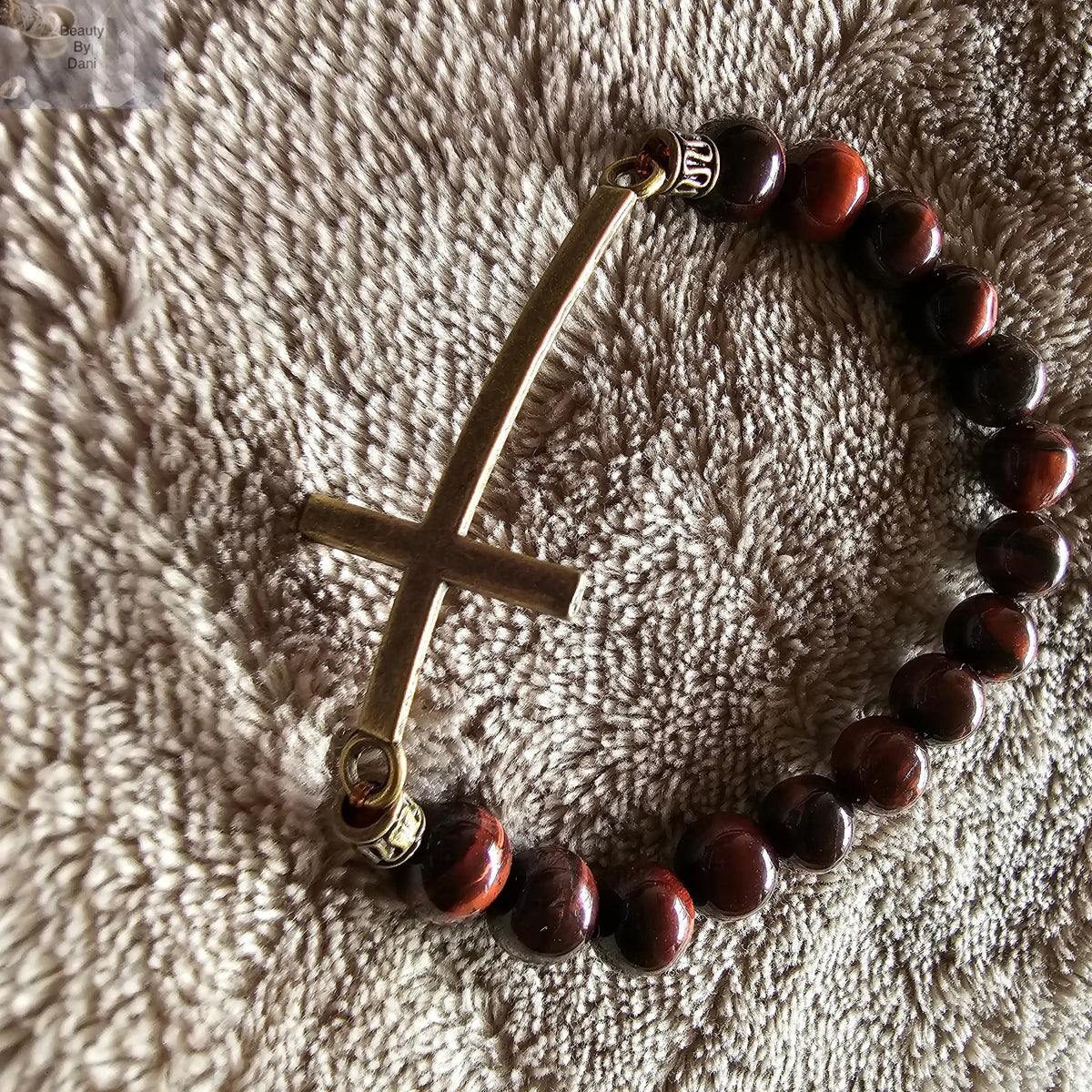 Tiger Iron 8mm Beads Bracelet with Stainless Steel Cross