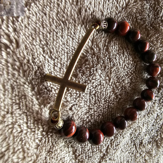 Tiger Iron 8mm Beads Bracelet with Stainless Steel Cross