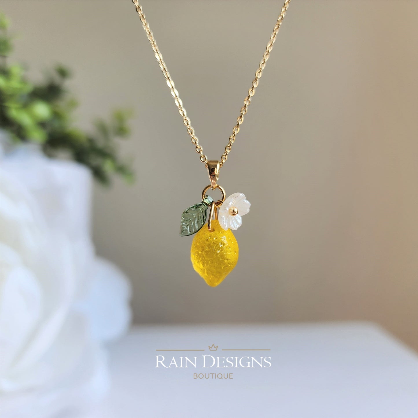 Custom Lemon Fruit Necklace Handmade with Czech Glass and 14K Gold or Silver Chains