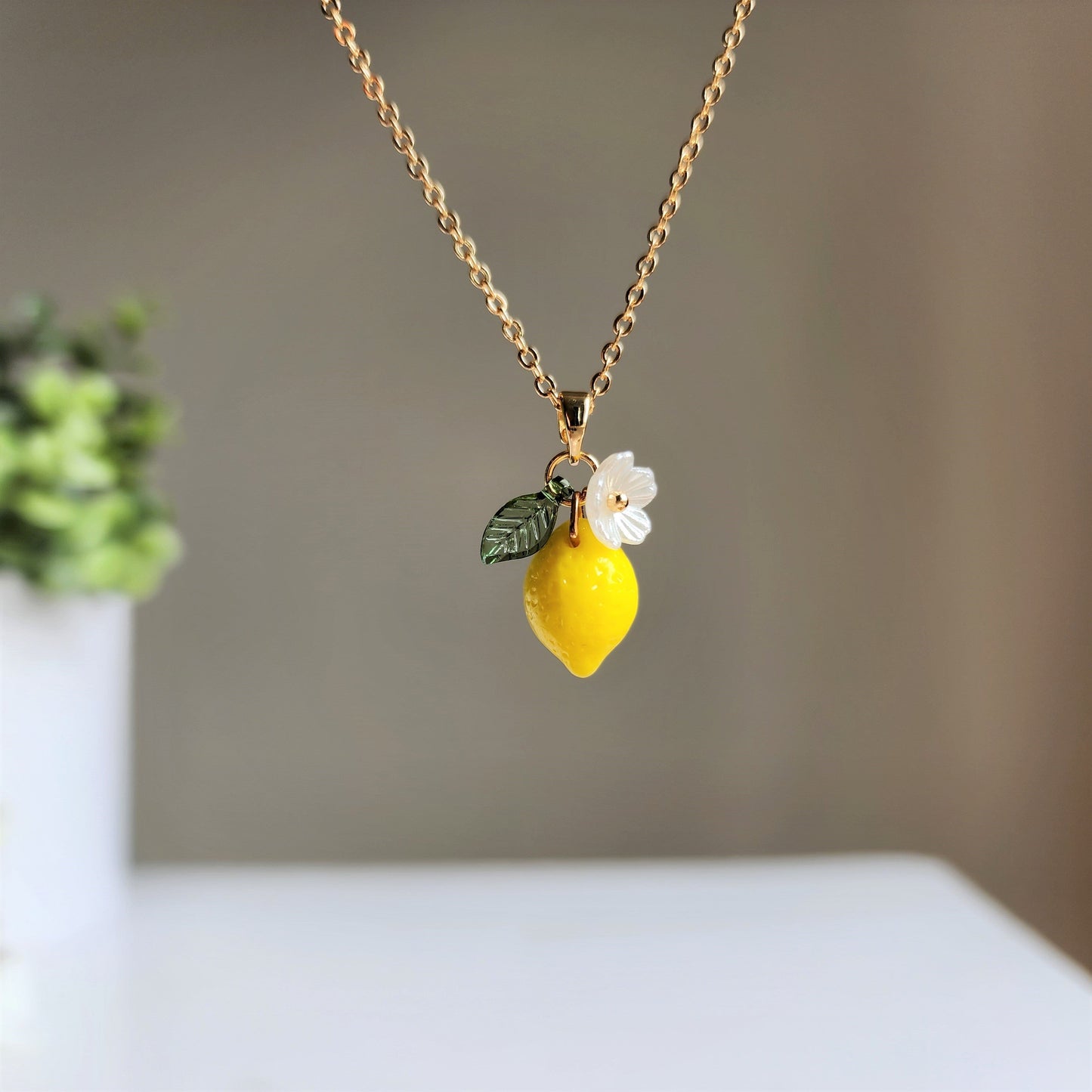 Custom Lemon Fruit Necklace Handmade with Czech Glass and 14K Gold or Silver Chains