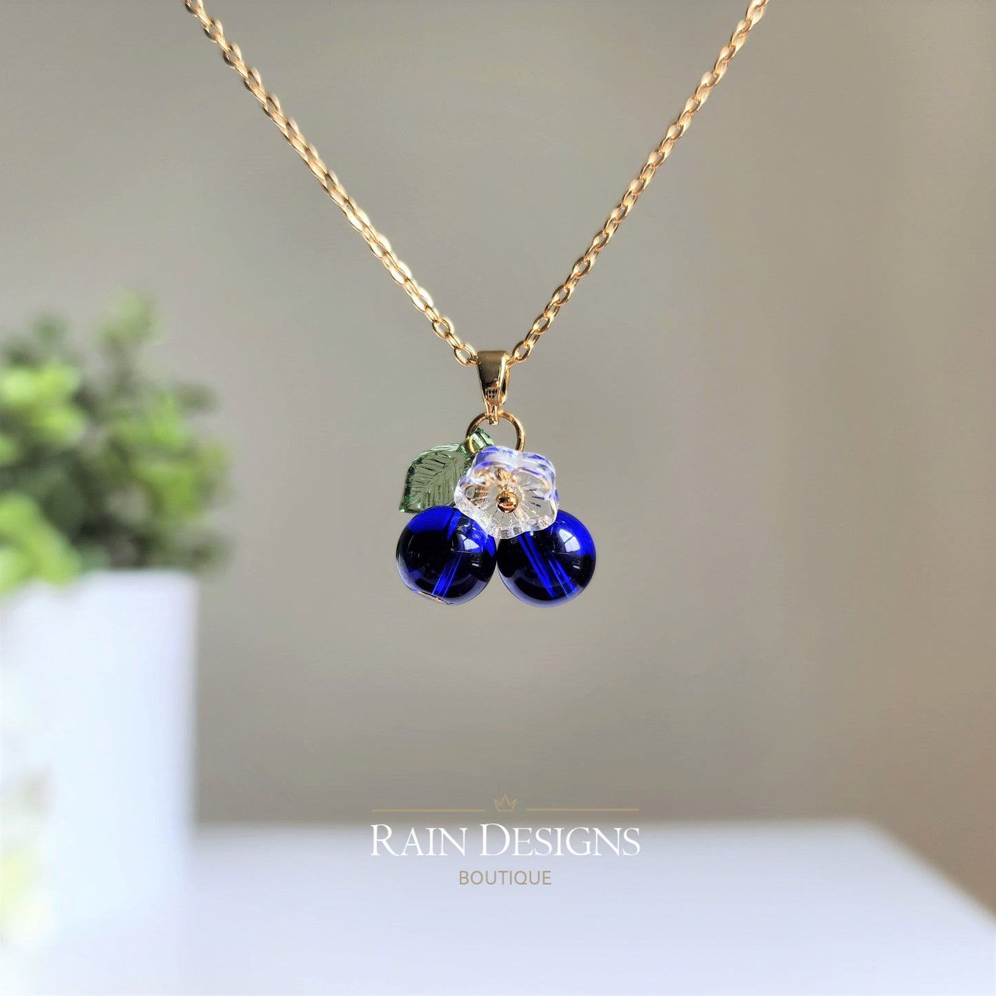Custom Blueberry Cluster Glass Fruit Necklace 14K Gold Plated