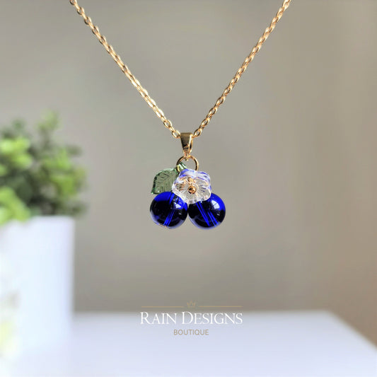 Custom Blueberry Cluster Glass Fruit Necklace 14K Gold Plated