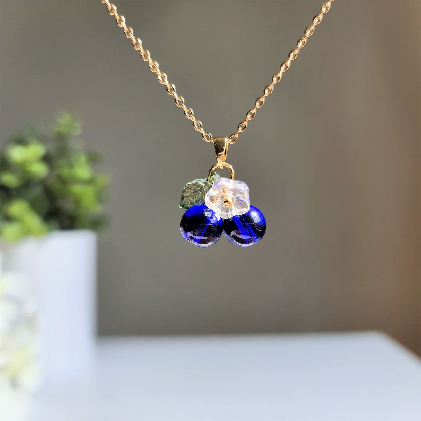Custom Blueberry Cluster Glass Fruit Necklace 14K Gold Plated