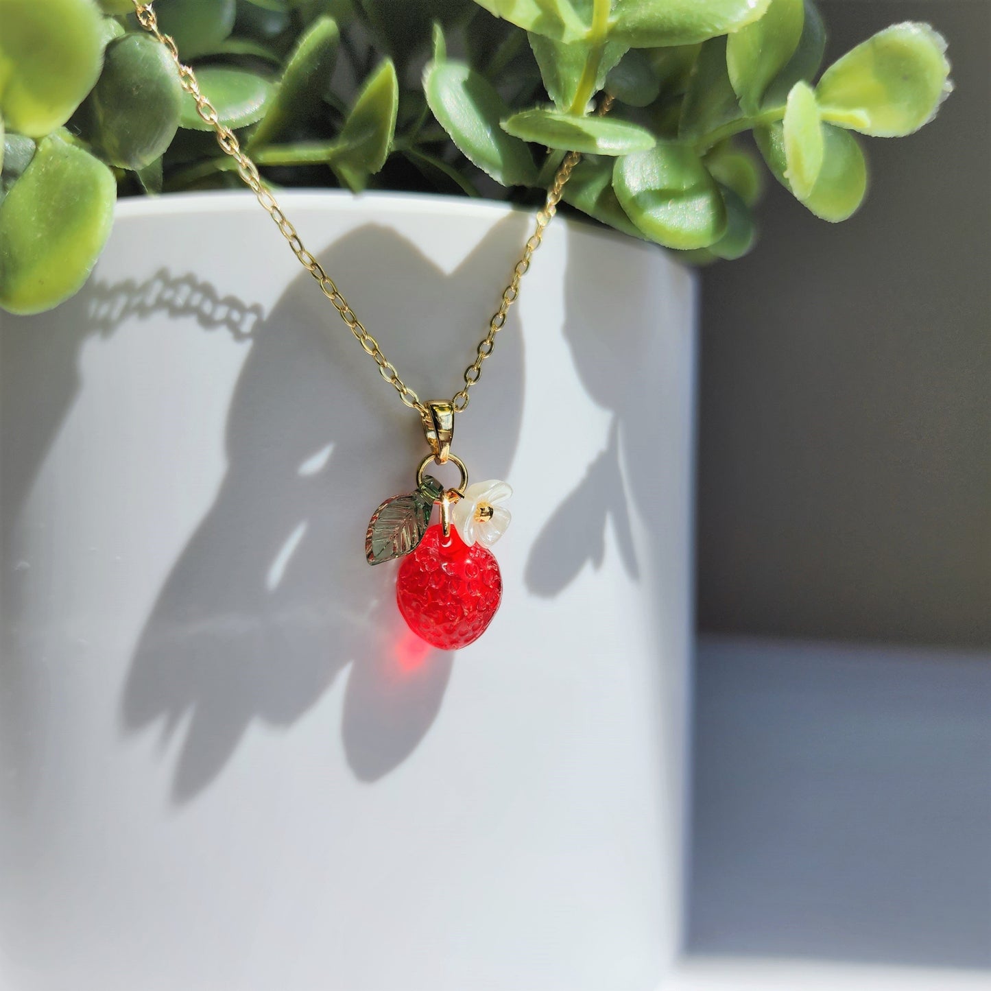 Mini Strawberry Fruit Necklace Handmade with Czech Glass and Gold or Silver Plated Chain