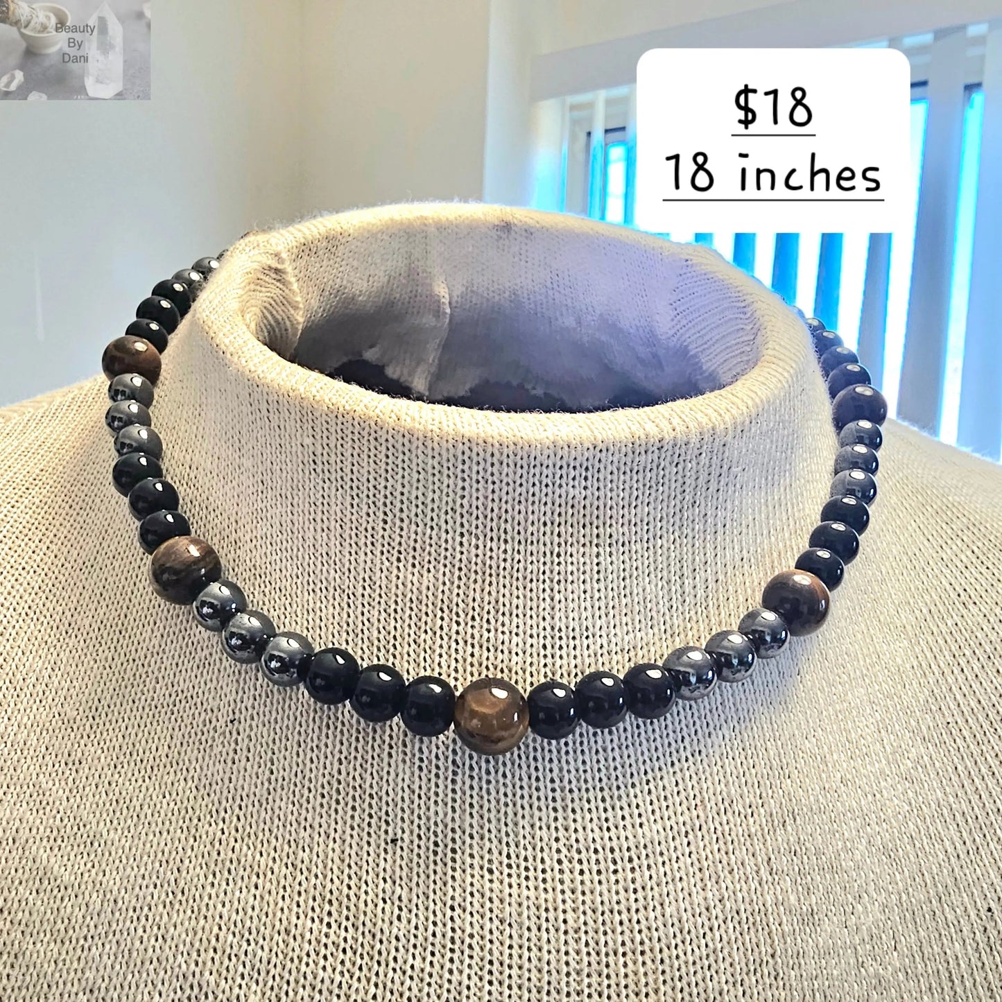 Hematite Tigers Eye Black Stone Necklace 18 Inch