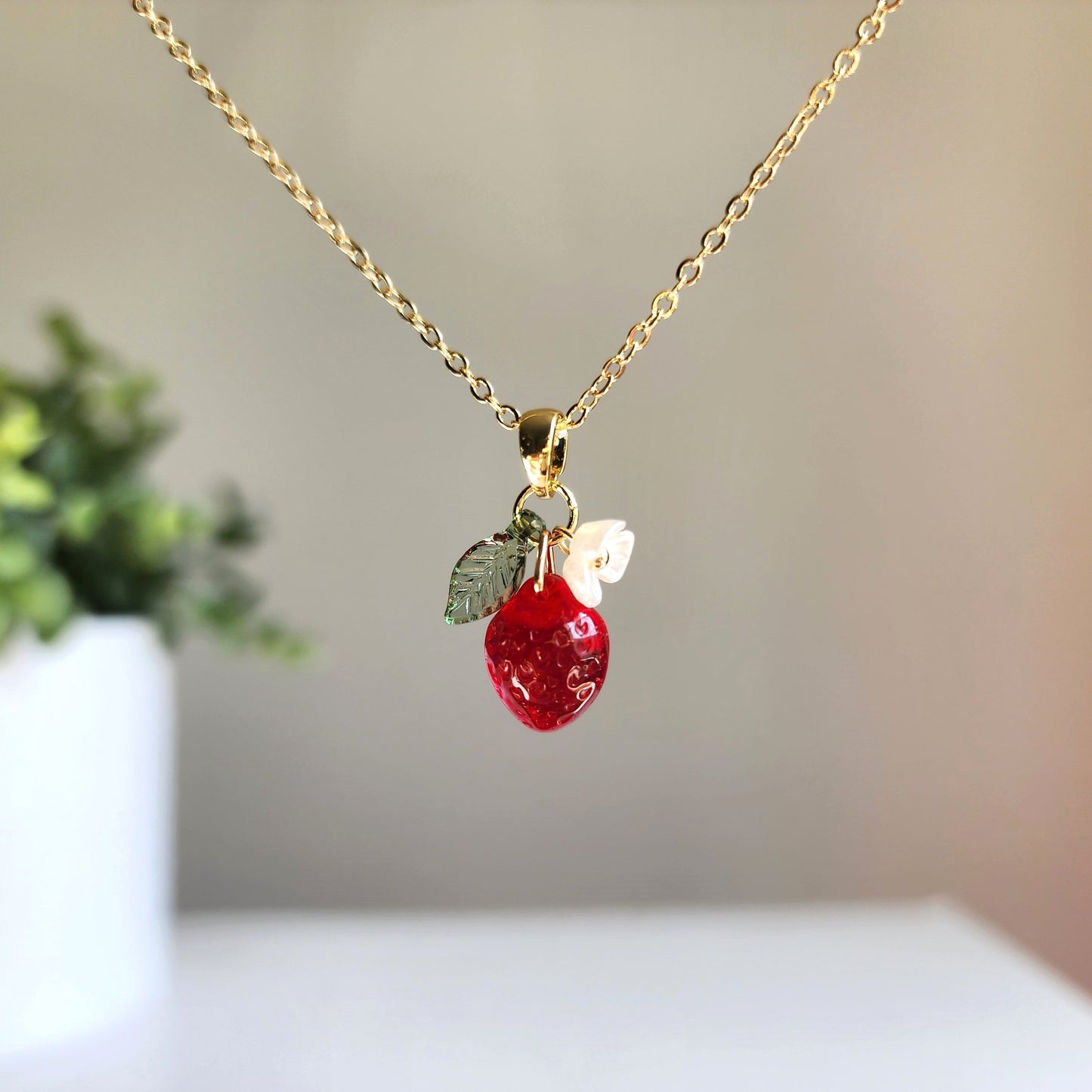 Mini Strawberry Fruit Necklace Handmade with Czech Glass and Gold or Silver Plated Chain