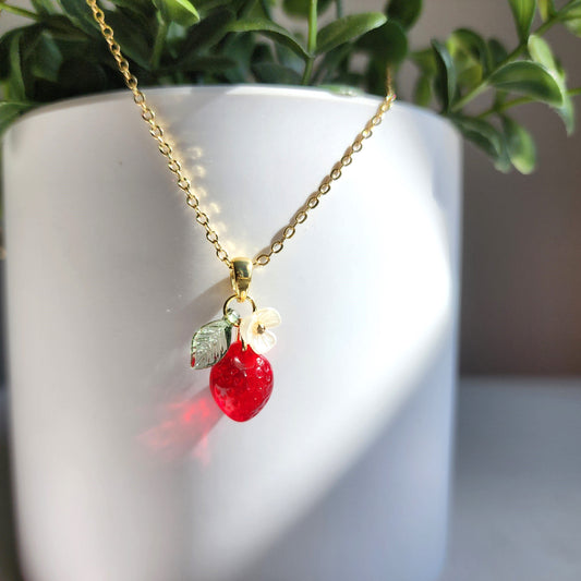 Mini Strawberry Fruit Necklace Handmade with Czech Glass and Gold or Silver Plated Chain