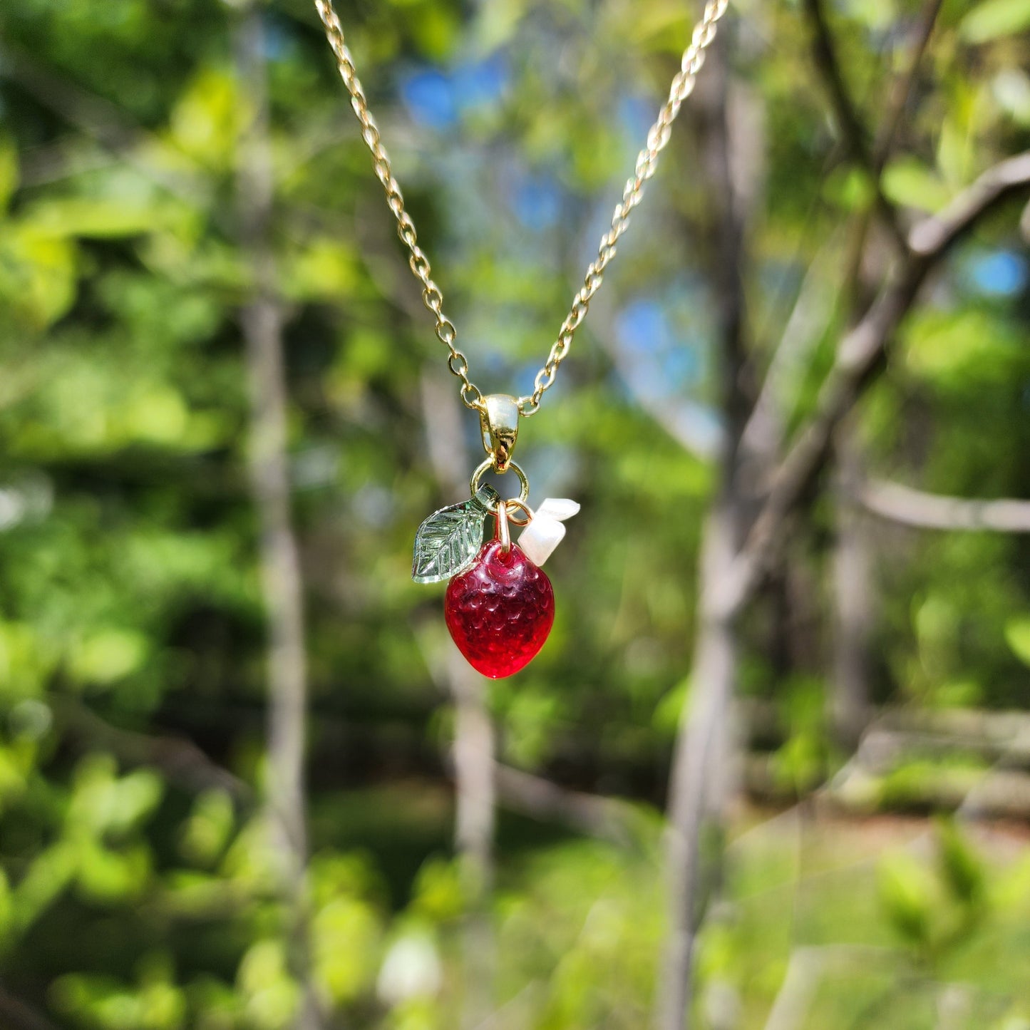 Mini Strawberry Fruit Necklace Handmade with Czech Glass and Gold or Silver Plated Chain