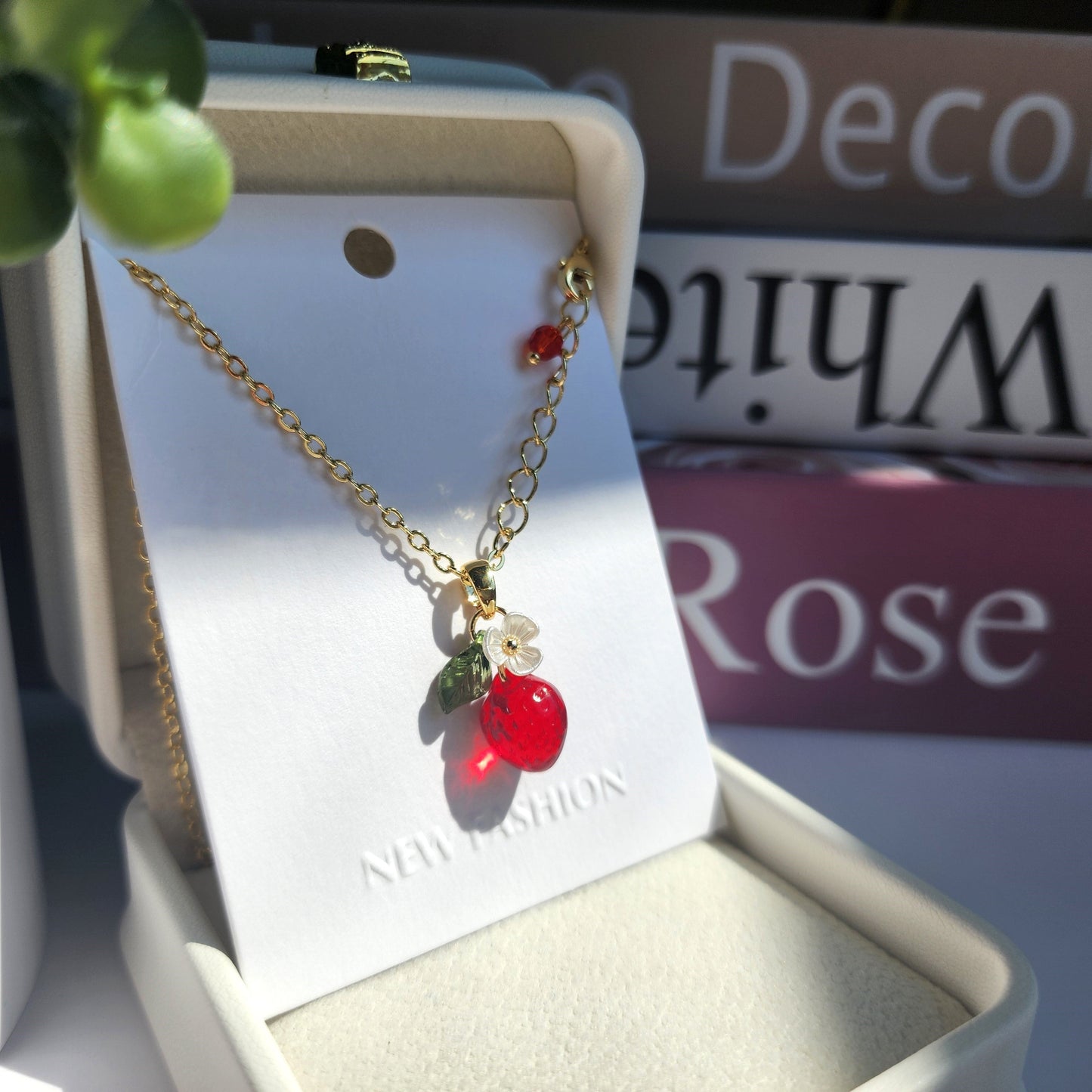 Mini Strawberry Fruit Necklace Handmade with Czech Glass and Gold or Silver Plated Chain