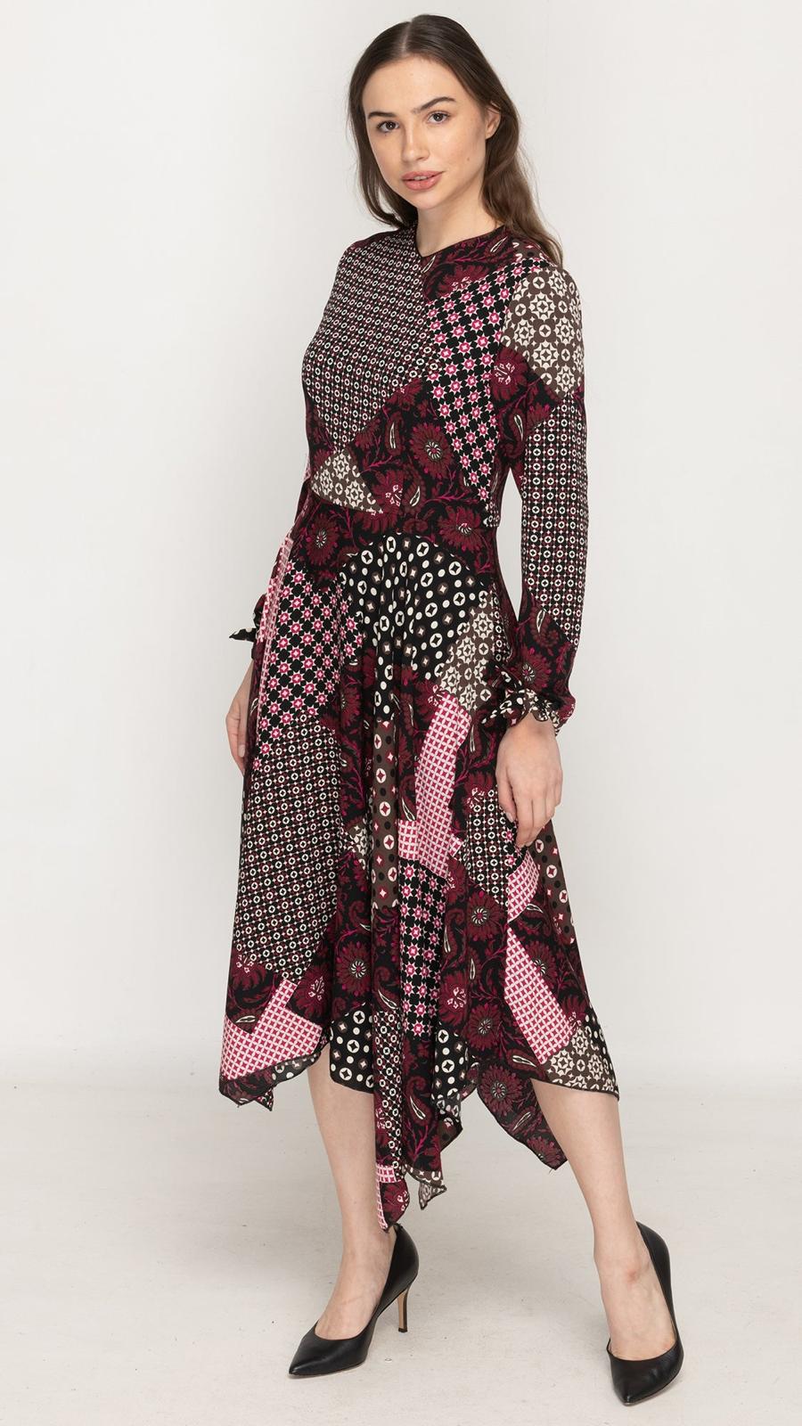 Asymmetrical Bishop Sleeve Dress with Tie-Up Cuffs