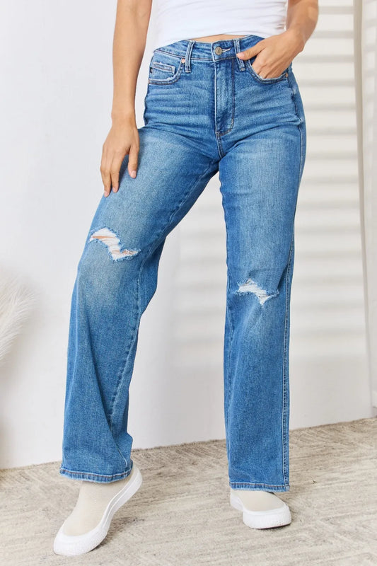 Full Size High Waist Distressed Straight-Leg Jeans Judy Blue