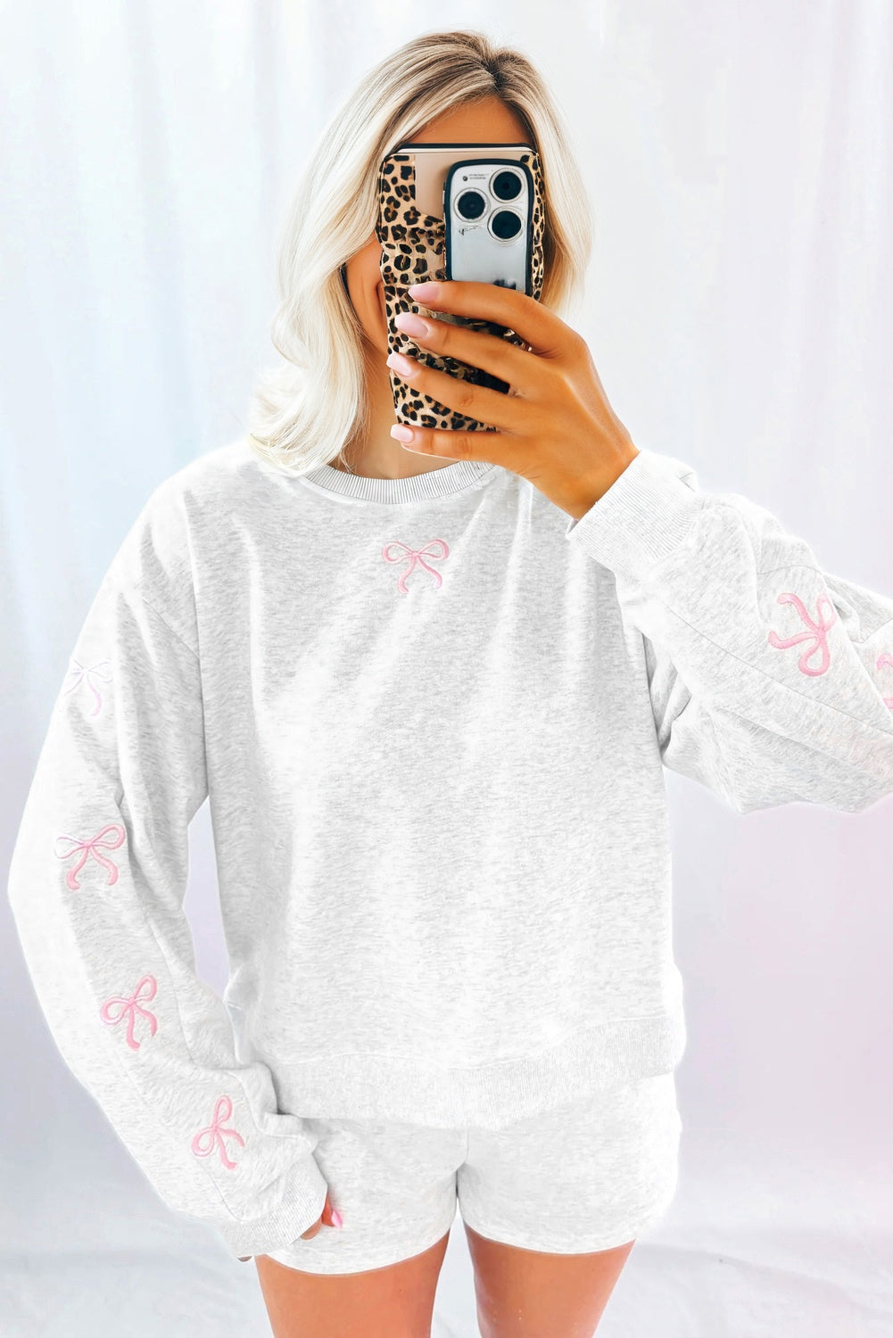 Pink Girly Bow Embroidered Detail Puff Sleeve Pullover 2pcs Short Set Sachet