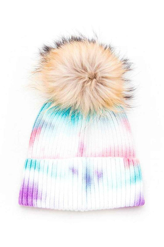 Large Genuine Fur Pom Tie Dyed Beanie