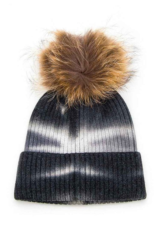 Large Genuine Fur Pom Tie Dyed Beanie