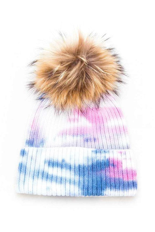 Large Genuine Fur Pom Tie Dyed Beanie