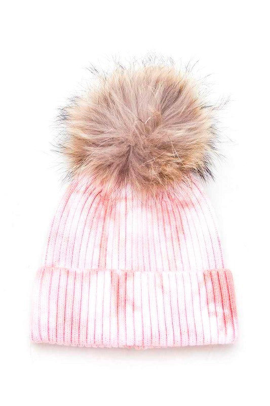 Large Genuine Fur Pom Tie Dyed Beanie