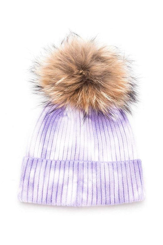 Large Genuine Fur Pom Tie Dyed Beanie