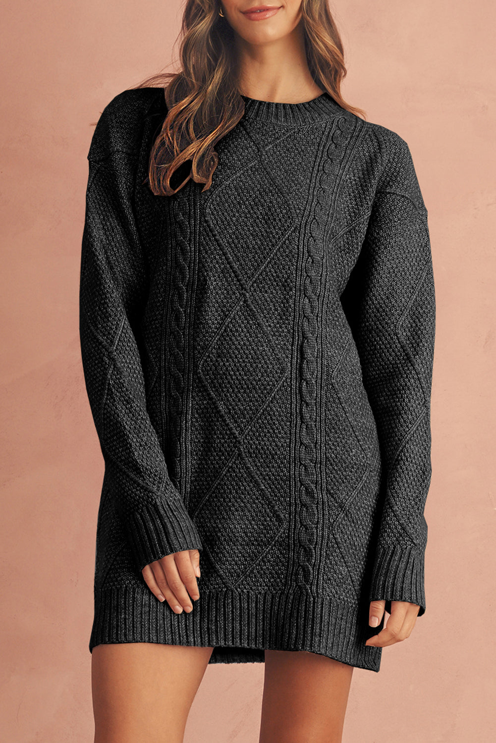 Parchment Twist Cable Knit Loose Fit Sweater Dress