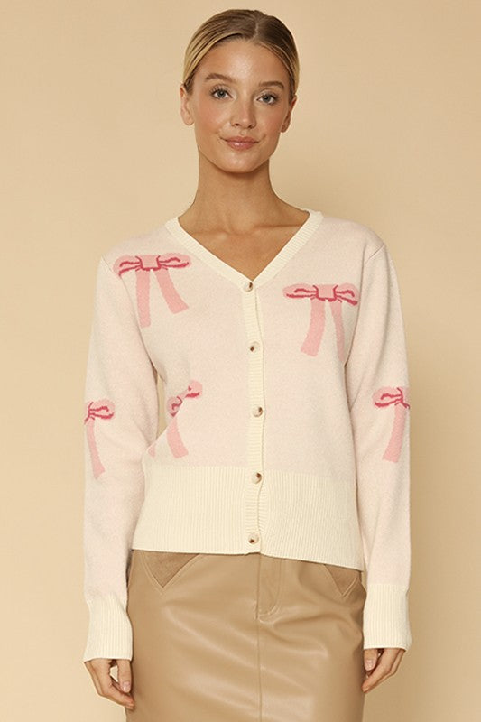 Cropped Bow Knit Cardigan Button Front V Neckline