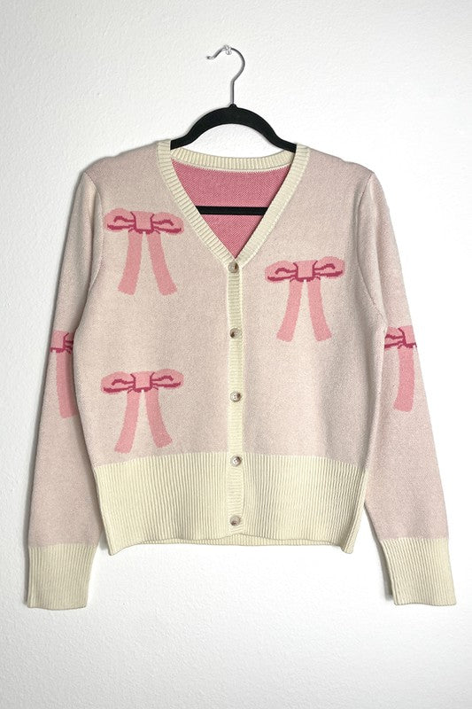 Cropped Bow Knit Cardigan Button Front V Neckline