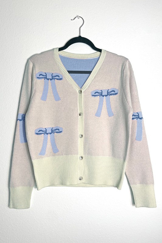 Cropped Bow Knit Cardigan Button Front V Neckline