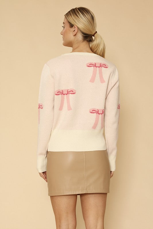 Cropped Bow Knit Cardigan Button Front V Neckline