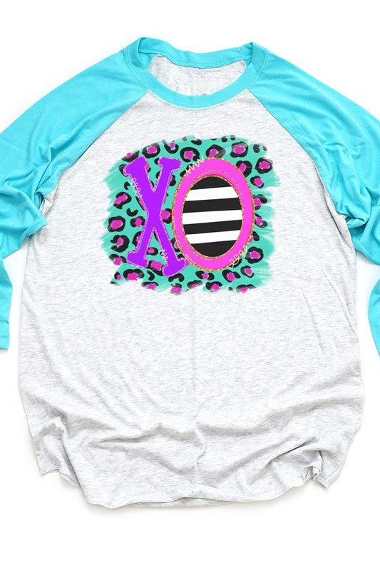 Valentine's Day XO Purple Teal Leopard Raglan 3/4 Sleeve T-Shirt Next Level