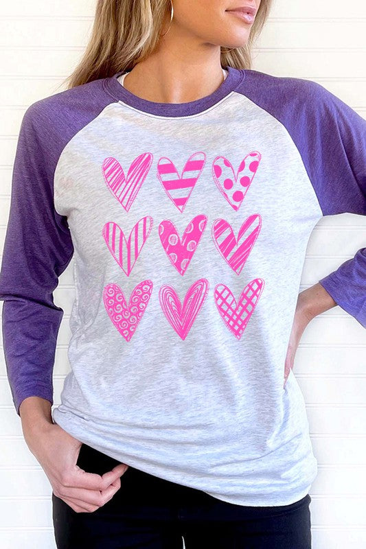 Pink Heart Block Raglan Top 3/4 Sleeve Valentine's Day