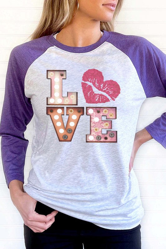 Pink Heart Raglan 3/4 Sleeve T-Shirt Valentine's Day Love Block