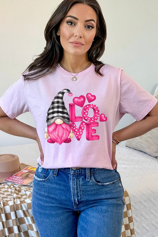 Valentine's Day Pink Gnome Love Graphic Tee Bella Canvas
