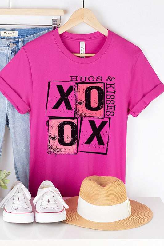 Valentine's Day Hugs Kisses Block Graphic Tee Bella Canvas Unisex