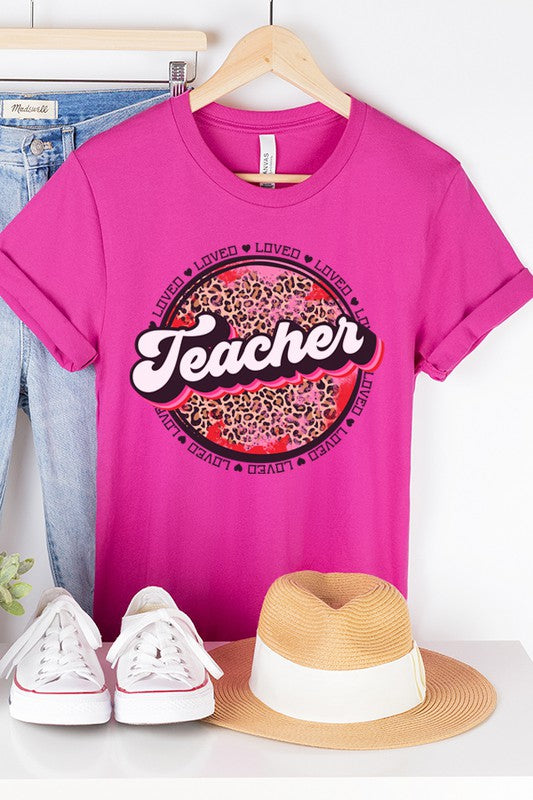 Leopard Loved Teacher Circle Tee Valentine's Day Unisex Bella Canvas