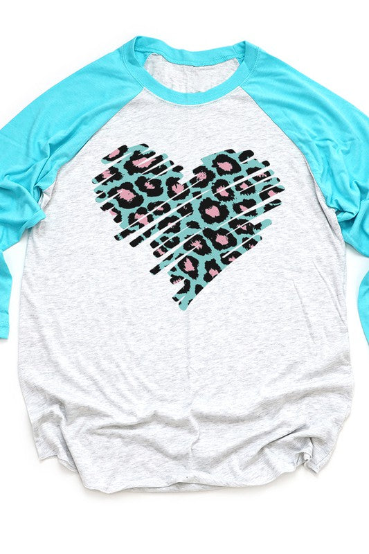 Valentine's Day Teal Pink Heart Raglan 3/4 Sleeve T-Shirt Next Level