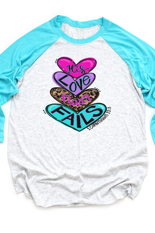 His Love Never Fails 3/4 Sleeve Raglan T-Shirt Next Level