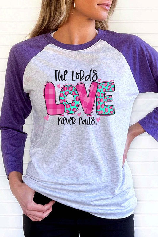The Lord's Love Never Fails Raglan 3/4 Sleeve T-Shirt Next Level