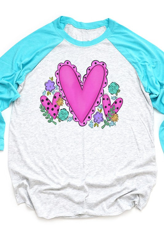 Valentine's Day Multi Hearts Floral Raglan T-Shirt