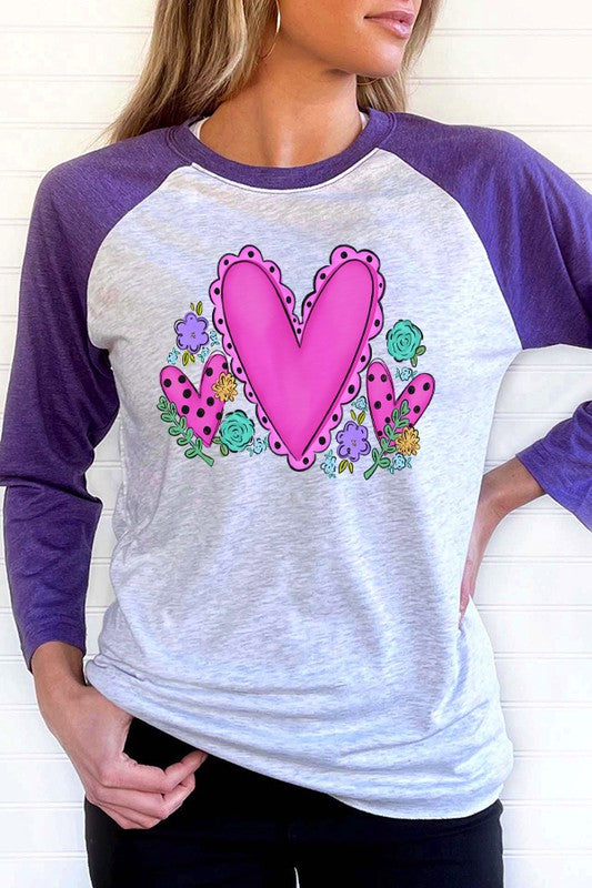 Valentine's Day Multi Hearts Floral Raglan T-Shirt