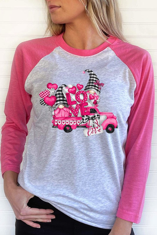Valentine's Day Pink Gnome Truck Raglan Unisex T-Shirt