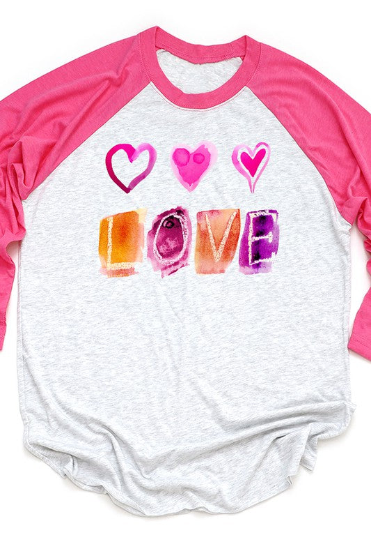 Valentine's Day Watercolor Love Raglan 3/4 Sleeve T-Shirt Next Level