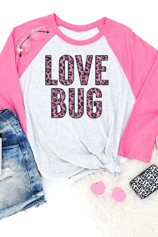 Pink Leopard Love Bug Raglan 3/4 Sleeve T-Shirt Next Level
