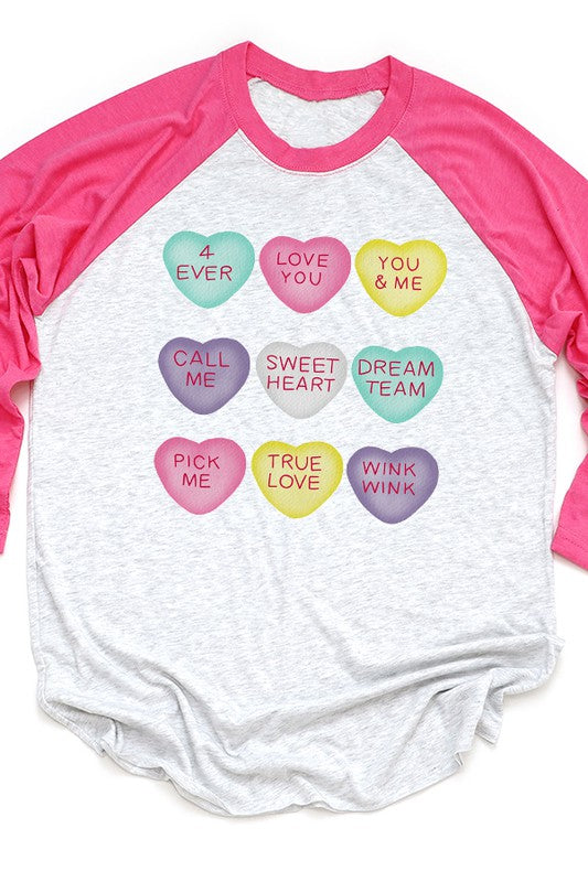Valentine's Day Candy Hearts Raglan 3/4 Sleeve Shirt Next Level