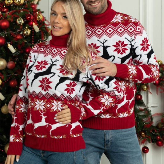 Christmas Elk Jacquard Long Sleeve Turtleneck Sweater Medium Thickness Pullover
