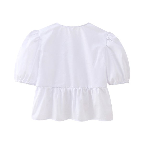 Front-Tie Puffed-Sleeves Peplum Blouse