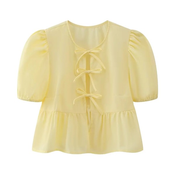 Front-Tie Puffed-Sleeves Peplum Blouse