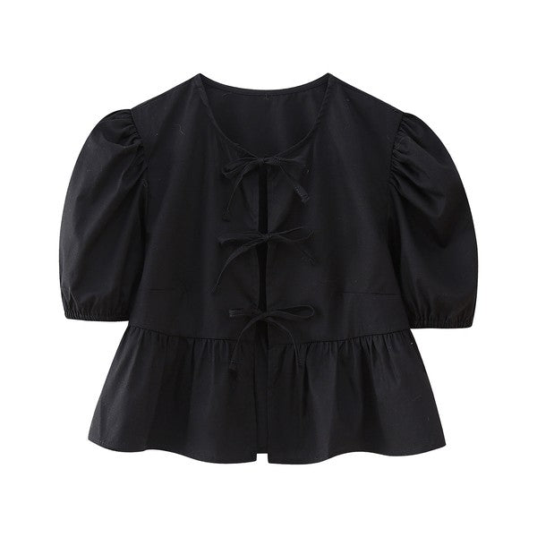 Front-Tie Puffed-Sleeves Peplum Blouse
