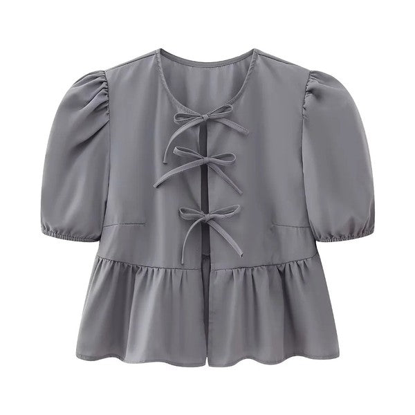 Front-Tie Puffed-Sleeves Peplum Blouse