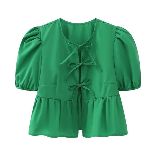 Front-Tie Puffed-Sleeves Peplum Blouse